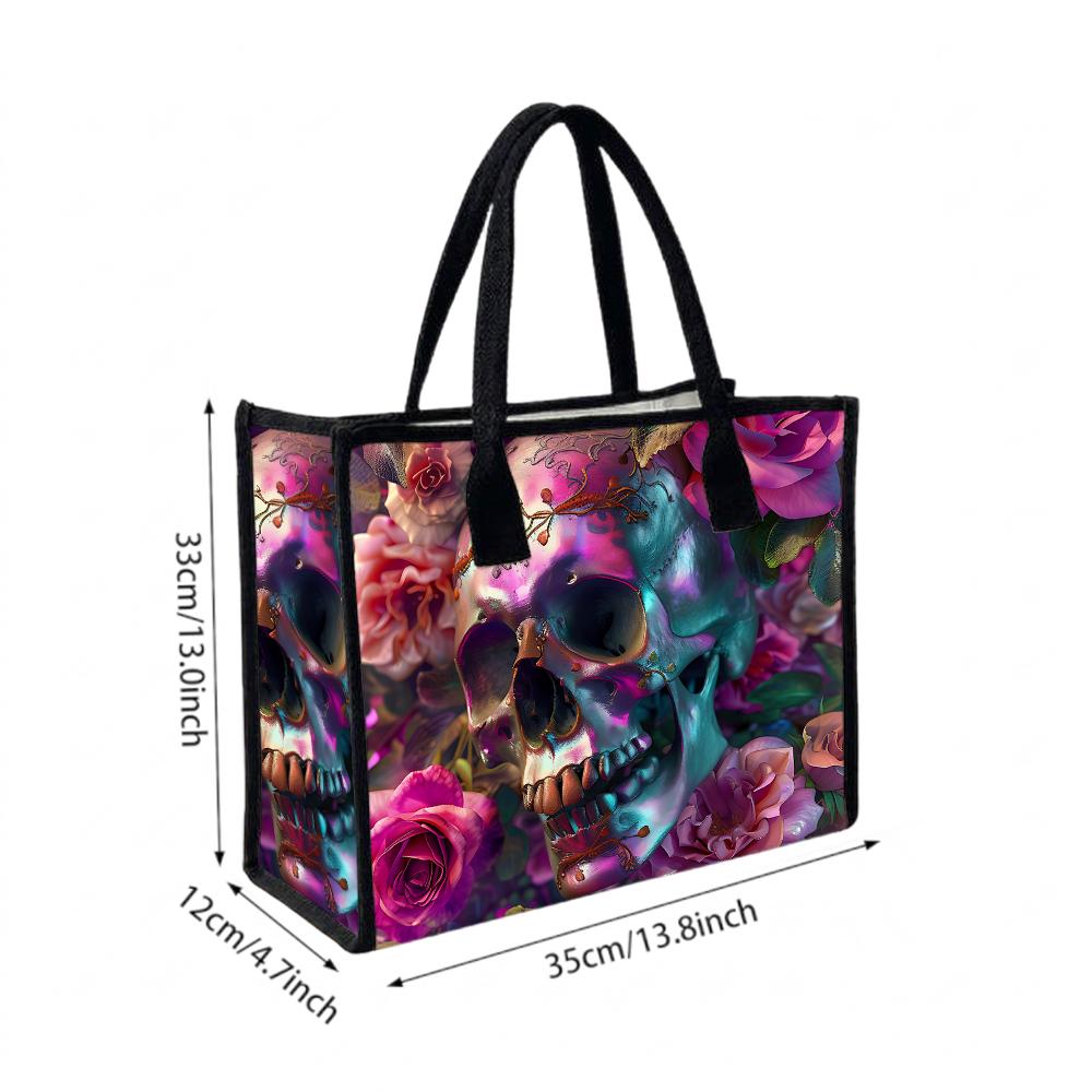 Gothic Floral Skull Print Fashion Tote Bag Casual Daily Large Capacity Portable Shopping Shoulder Handbag