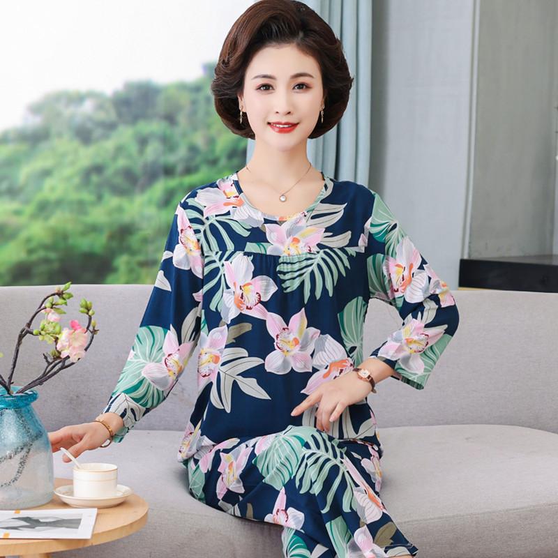 

Мама Бавовняна та Шовкова Піжама Жіночий Весняно-Осінній Літній Комплект з Двох Предметів з Довгим Рукавом Середнього та Похилого Віку Великого Розміру з Принтом Жіночий Домашній Одяг 5XL