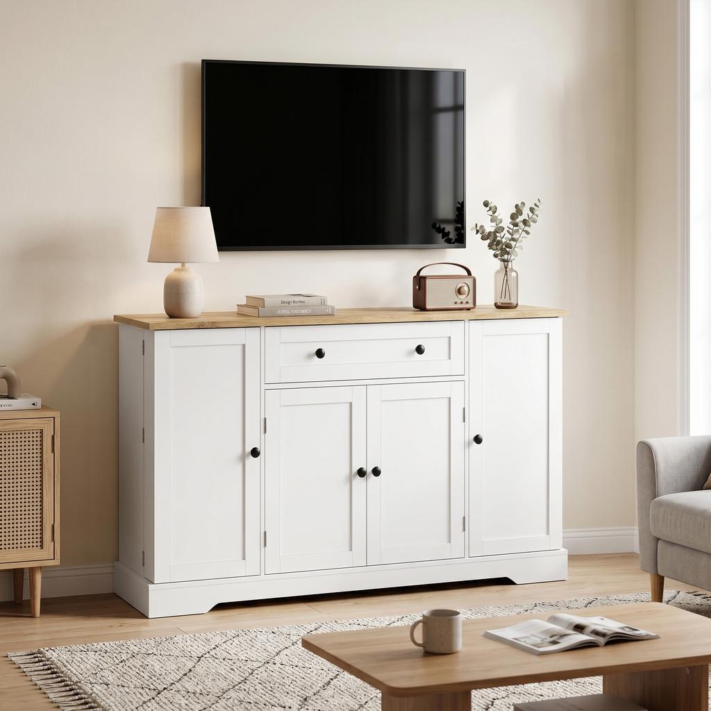 Sideboard Kitchen Cabinet with 4 Doors, Drawer, Adjustable Shelf, Door Shelves for Kitchen, Dining Room, 138x40x85cm, White