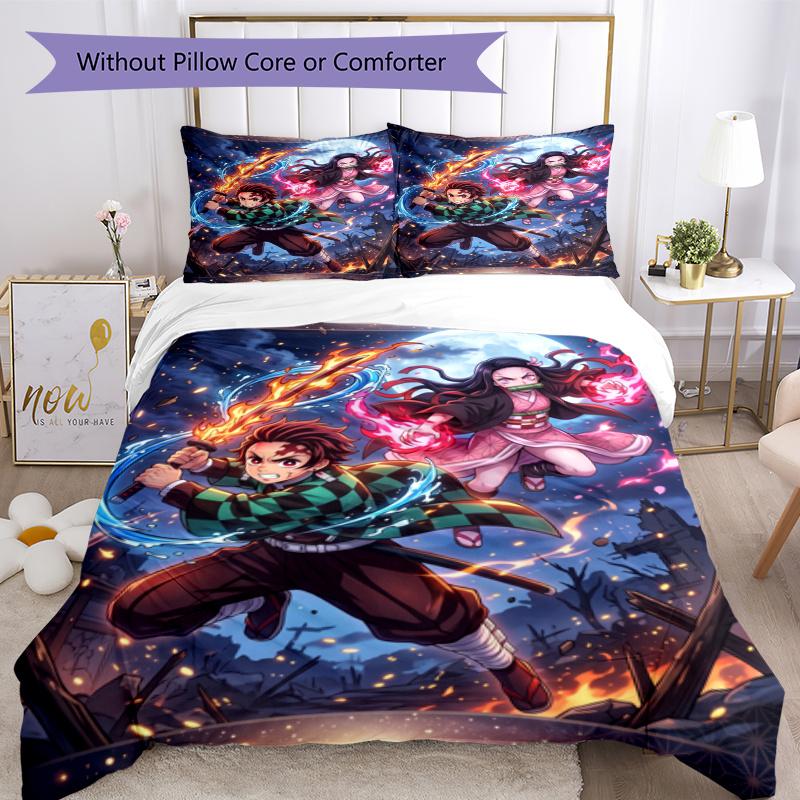 3pcs Duvet Cover Set (1*Duvet Cover + 2*Pillowcase, Without Core), Demon Slayer Print Soft All‑Season Bedding Set, Home Bedroom Decor Gift
