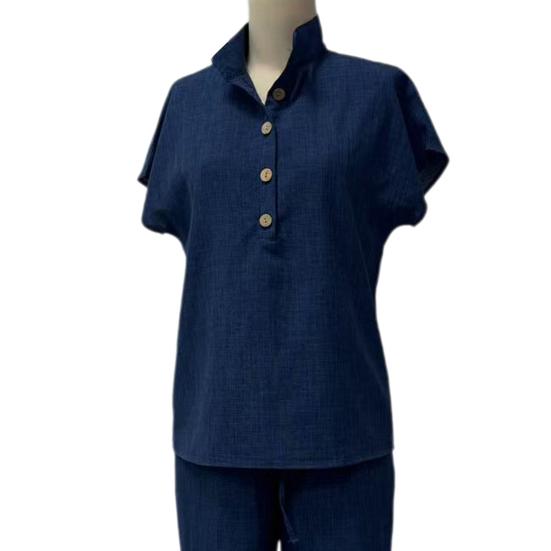 Yousheng Women Cotton Linen 2 Piece Sets Short Sleeve Button Up V Neck And Long Pants Summer Lounge Outfits with Pockets