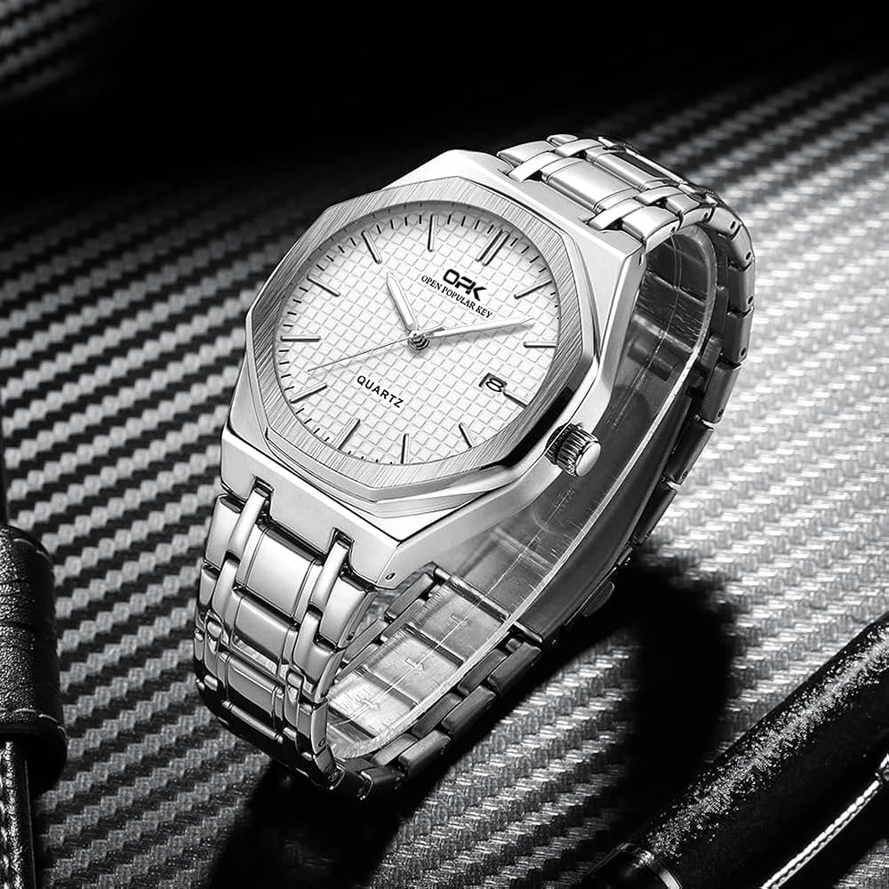 Men's Quartz Business Watch White Luminous Hands Calendar Round Octagonal Bezel 40mm Stainless Steel Japan Movement