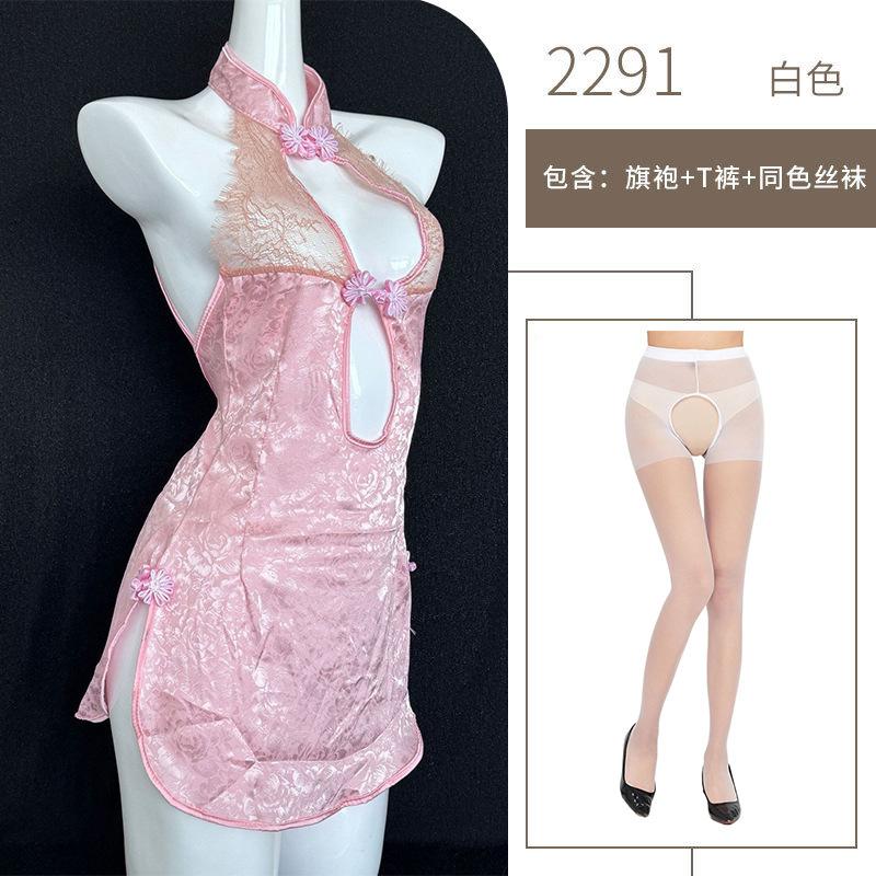 Sexy Retro Cheongsam Free Sex Underwear Women's Side Split Mesh Transparent Lace Large Size Uniform Temptation
