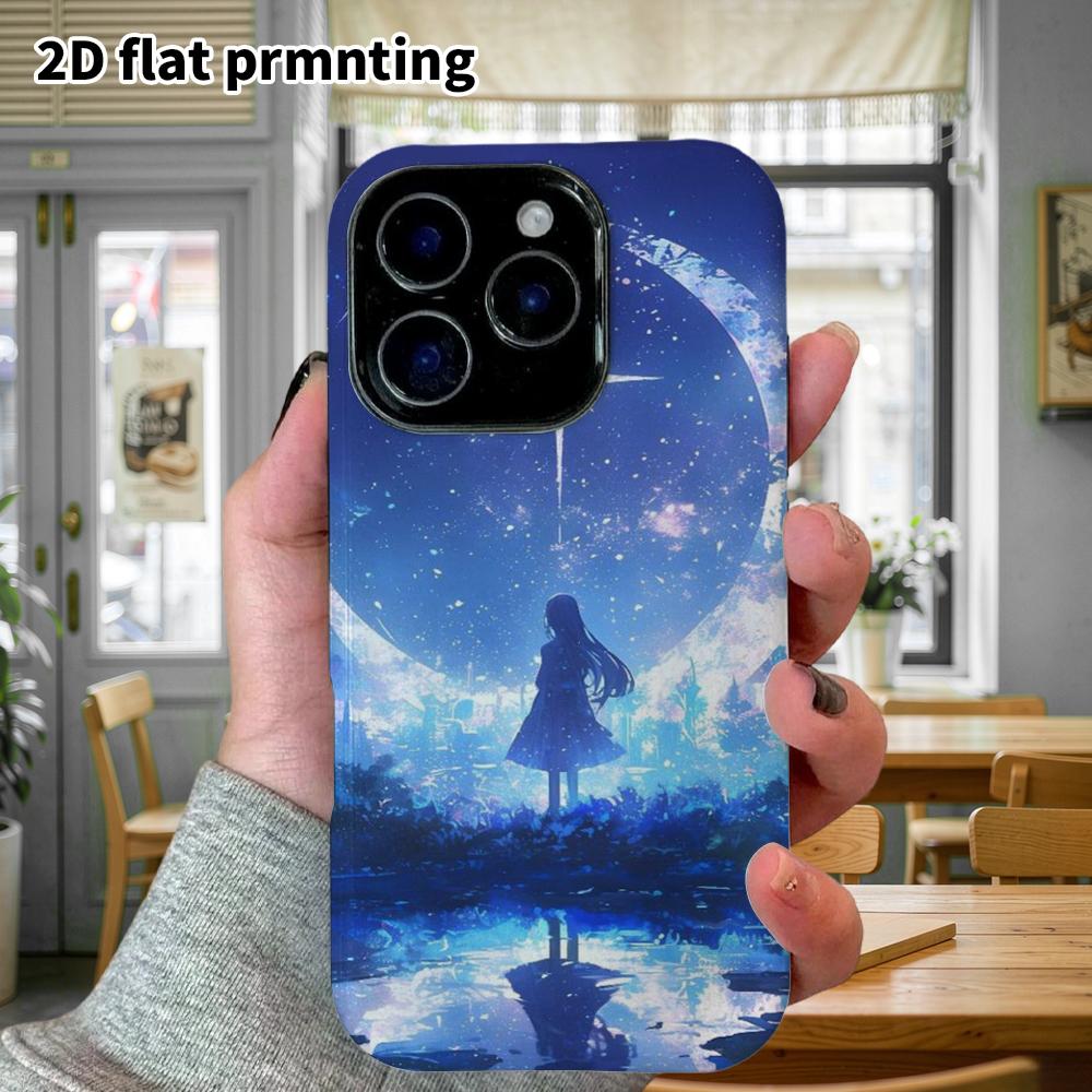 Phone Case: 2D Flat Design Suitable for iPhone 18 17 16 15 14 13 Pro Film Protective Case, Couple Style, Girl Under the Moon, Christmas and Halloween 