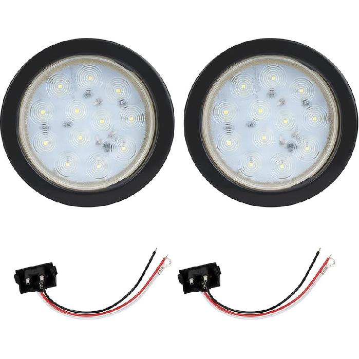 2PCS 4" Round Red LED Trailer Tail Lights - 12 Diodes 3-In-1 Stop/Brake/Turn Lights W/Surface Mount Grommets & 3-Prong Pigtails For Truck Trailer RV