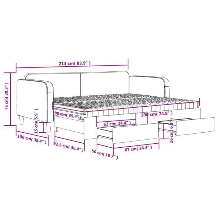 VidaXL Daybed with Trundle and Drawers Dark Grey 90x190 Cm Fabric 3196881