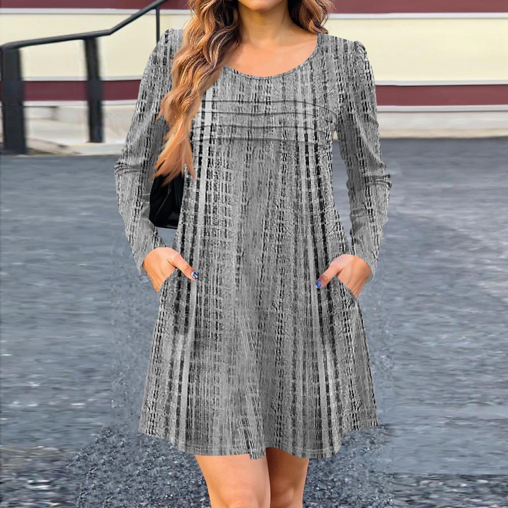 Women's Long Sleeve Dress Fall Casual T Shirt Loose Fit Pleated Front Dresses With Pockets