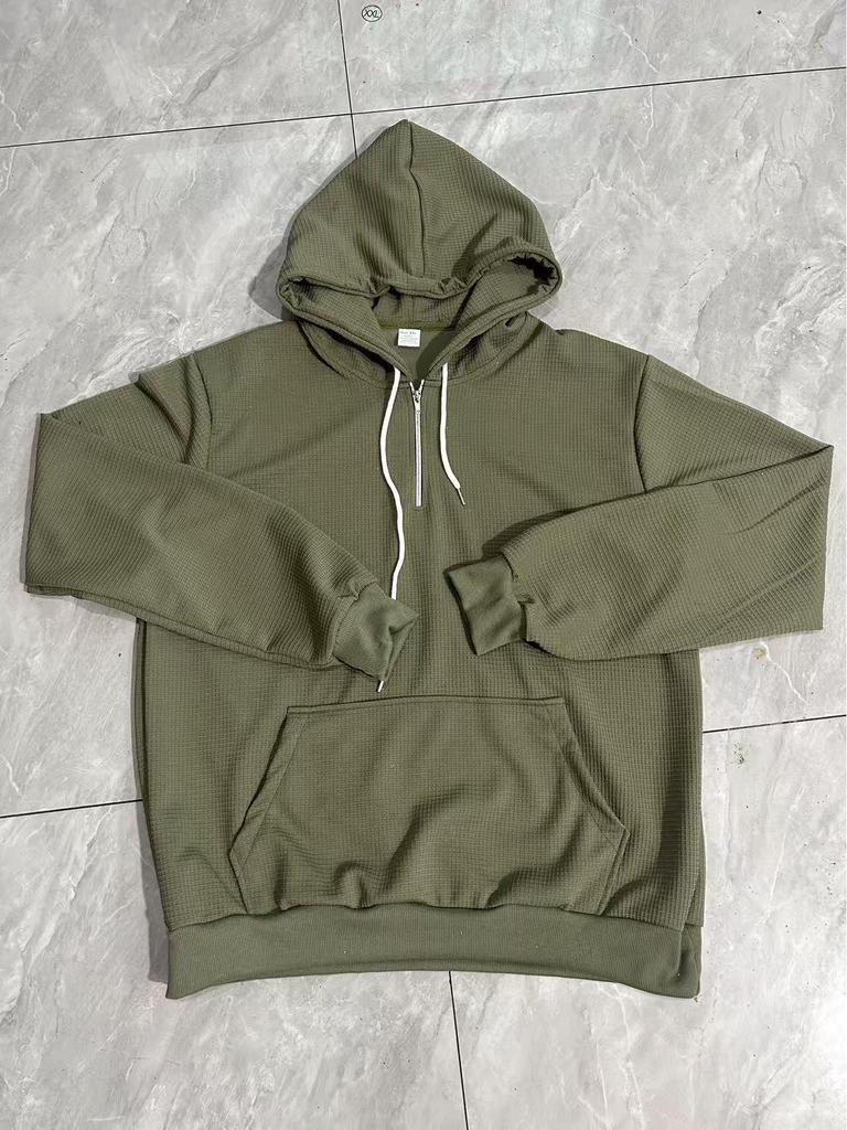 European Heavyweight Waffle Long Sleeve Hooded Sweatshirt - Men's Loose Fit, Pure Color, Casual Style