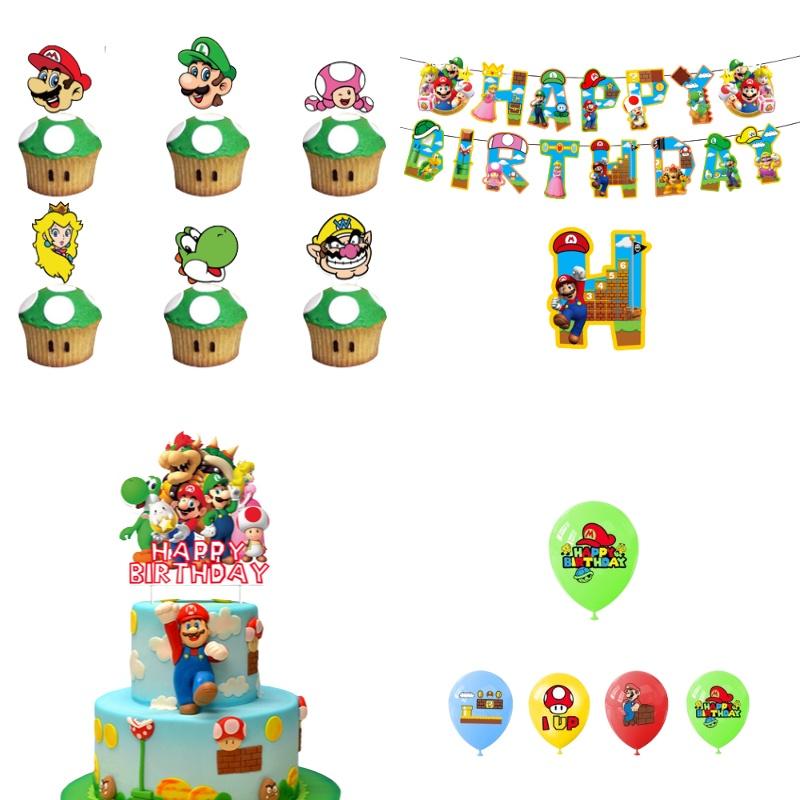 Mario Theme Party Decorations Set Flags, Cake Toppers, Balloons, And Spirals For An Amazing Party Atmosphere!