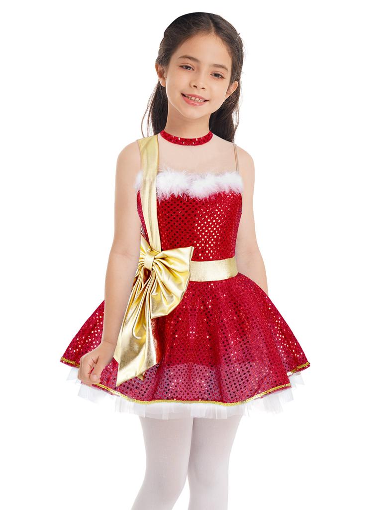 Kids Girls Shiny Sequins Christmas Dance Dress Santa Claus Costumes Ballet Tutu Dress Figure Ice Skating Dress