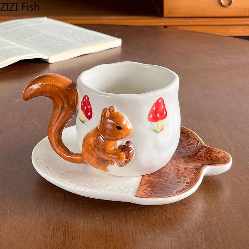 Squirrel Maple Leaf Relief Porcelain Cup&saucer Coffee Mug Dining Table Flower Mugs Afternoon Tea Teacup Fruits Juice Cup
