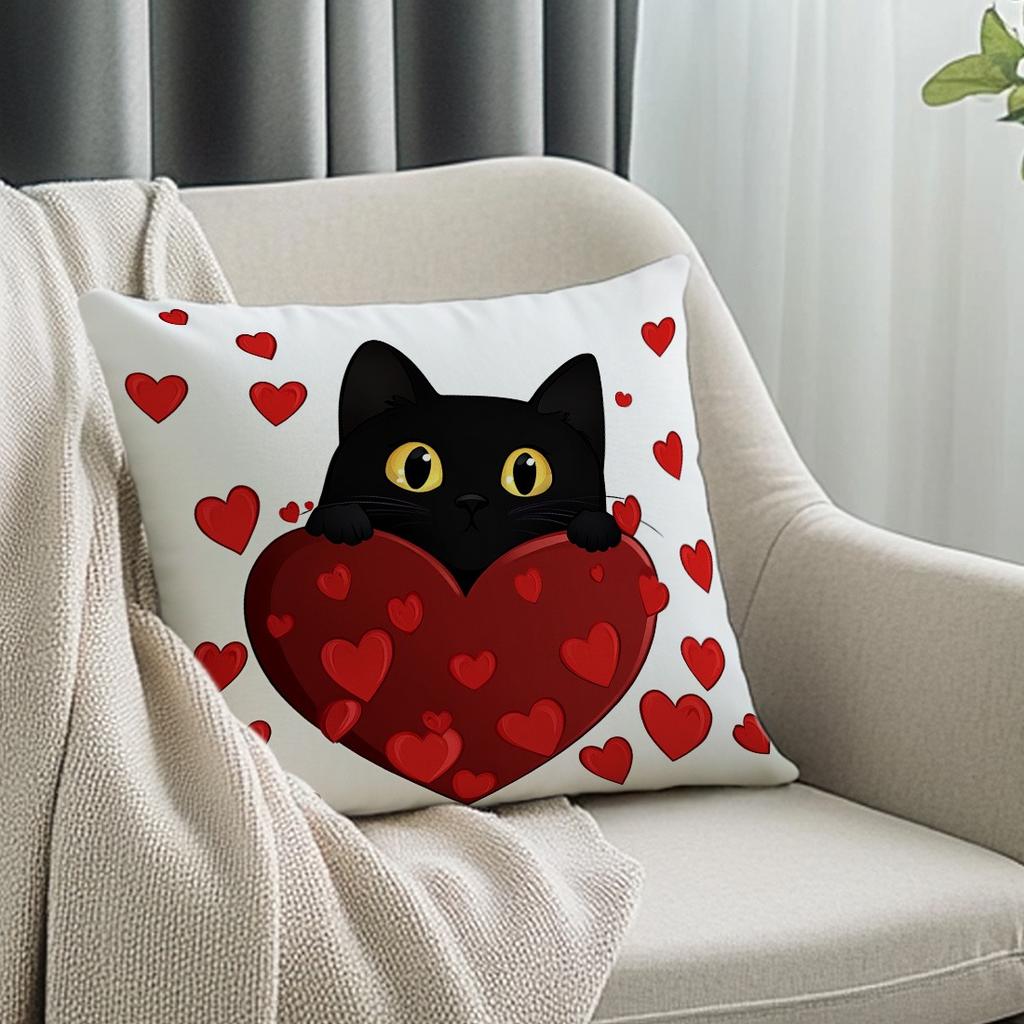 1Pc Valentine's Day black cat pillow cover, single-sided printed pillow sofa cover
