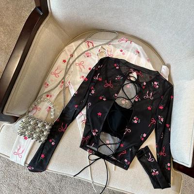 Camiseta de Malla Fina con Lazo Ligeramente Transparente de Manga Larga para Mujer Espalda Descubierta con Tirantes Corta que Muestra el Ombligo Top de Chica Atrevida
