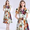 Summer Vintage Print Floral Women Short Sleeve Blazer Collar Long Maxi Party Dresses