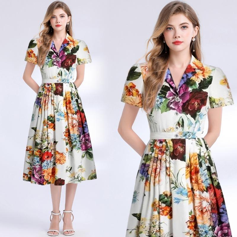 Summer Vintage Print Floral Women Short Sleeve Blazer Collar Long Maxi Party Dresses