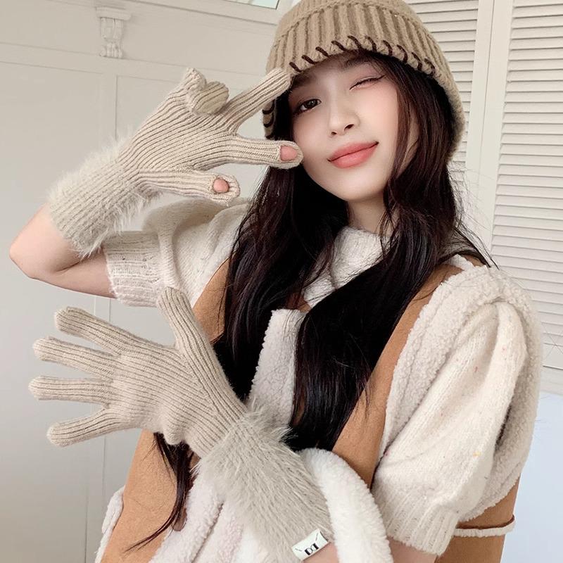 Podzimní a zimní dopaminové jednobarevné teplé pletené pětiprsté rukavice - Všestranné, roztomilé, dlouhé cyklistické návleky pro dívky