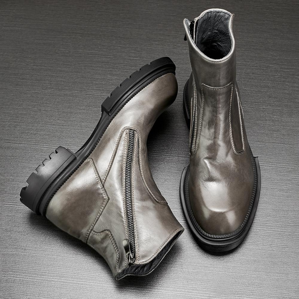 Men'S Martin Boots Leather High-Top Casual Tooling Shoes Platform Military Boots British Style Versatile Locomotive Leather Boots