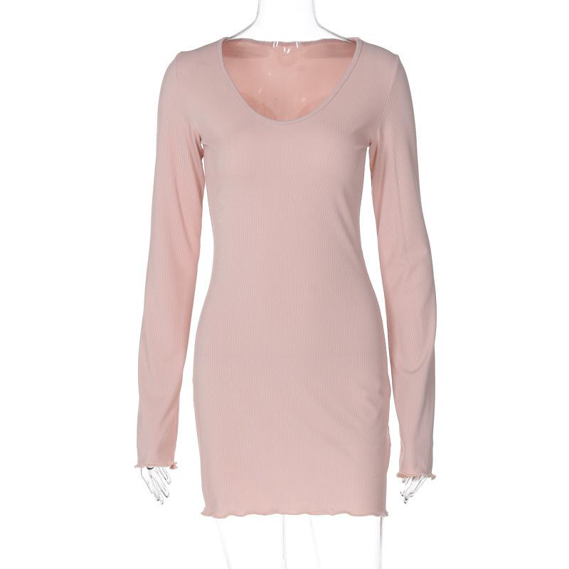 Summer New Solid Color Fashion Long-sleeved Waist Dress