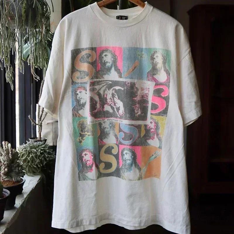 2025 Summer High Quality Cotton Classic Logo Graphics Print Saint Tshirt Unisex Unisex Vintage Washed Black T Shirt Loose Tee