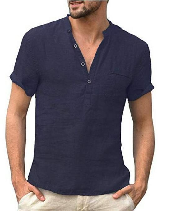 Men's Cotton Linen Stand Collar Short Sleeve Button-Up T-Shirt