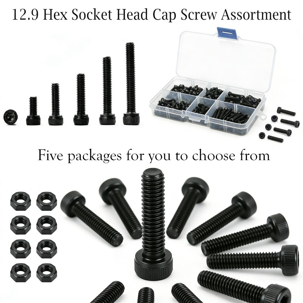 180-300pcs M2 M3 12.9 Alloy Steel Black Hex Head Screws High Strength Carbon Steel Metric Bolts for Heavy Duty Repair