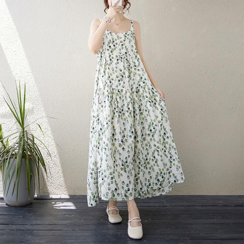 2024 Sommer Baumwolle Leinen Spaghettiträger Blumen Maxikleid