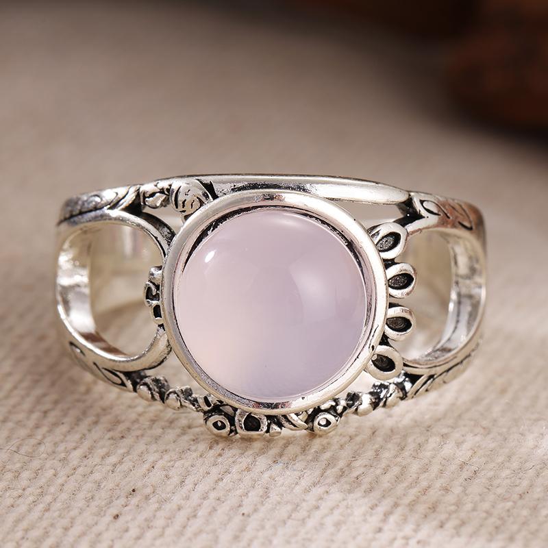 Vintage Inlaid Pink Stone Women's Ring Sparkling CopperColor Hand Carving Daily Wear Party Jewelry Anniversary Gift