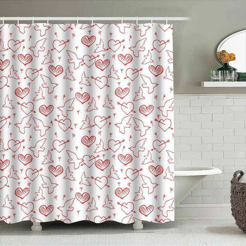 

Delightful Shower Curtain with Red Hearts and Cupids for Valentine s Day Decor Washable Fabric Waterproof Home Bathroom Liner (W 90x180cm