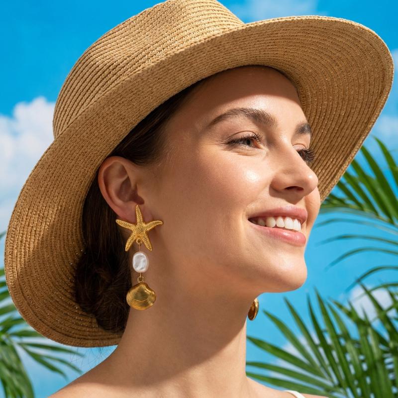 Bohemian Starfish Pearl Drop Earrings Vintage Gold Beach Jewelry For Women Summer Vacation Accessories