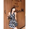 Black and White Plaid V-neck Neck Lace-up Dress for Women's Spring New Sweet Spice Girl Waist A-word Short Skirt