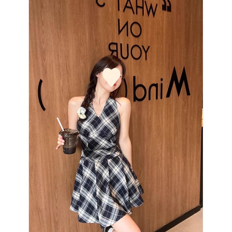Black and White Plaid V-neck Neck Lace-up Dress for Women's Spring New Sweet Spice Girl Waist A-word Short Skirt