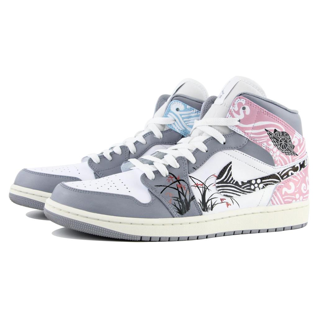 Jordan Air Jordan 1 Trendy Versatile Mid top Vintage Basketball Shoes Men's Blue Pink Gray 554724-135(Team39-AMY72)