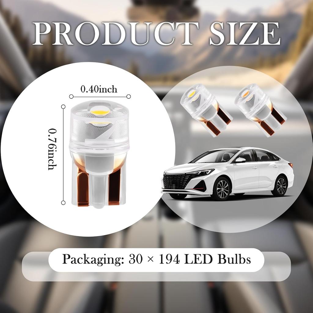 30PCS 194 LED Bulbs,12V T10 Wedge Base W5W Replacement | Multi-Functional 168 LEDs Bulb,for License Plate/Gauge Cluster/Dome Lights,Bright White
