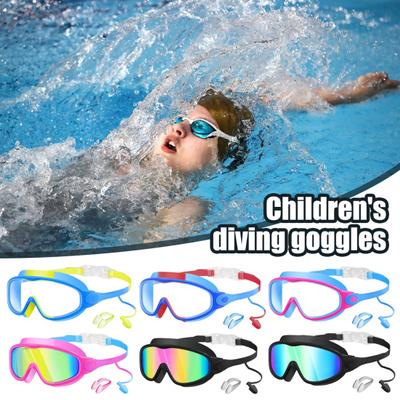Óculos de Natação Infantil com Clipe Nasal e Protetor de Ouvido Anti-Embaçante Proteção UV Óculos de Piscina Lente Anti-Estilhaço para Meninos Meninas