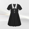 JH-40 Retro Black & White Color Block Square Neck Dress with Diamond Embellishments (2024 Spring/Summer)