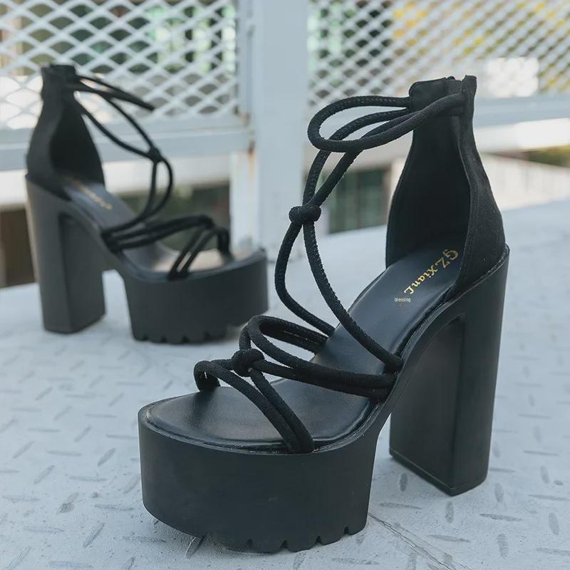 14CM Thick Heel Ultra-High Cross-Toe Open-Toe Sandals, Sizes 34-43, Sexy Height-Enhancing Style