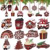 Xmas Tree Hanging Pendants 12Pcs Wooden Christmas Ornaments, Buffalo Plaid Decor with Gnome Door Window Accents Snowflake Tree, Holiday Decoration for