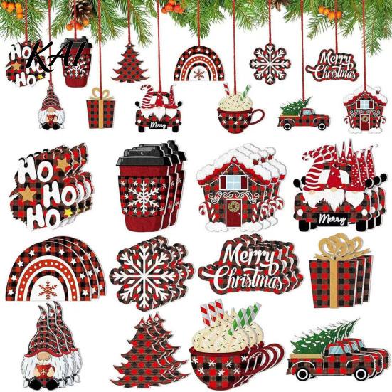 Xmas Tree Hanging Pendants 12Pcs Wooden Christmas Ornaments, Buffalo Plaid Decor with Gnome Door Window Accents Snowflake Tree, Holiday Decoration for