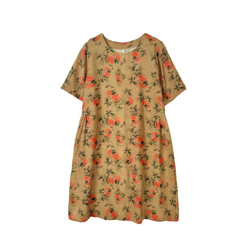 Crew neck short sleeve printed cotton and linen dress women's 2025 summer new women's clothing temperament mother medium and long A-shaped skirt