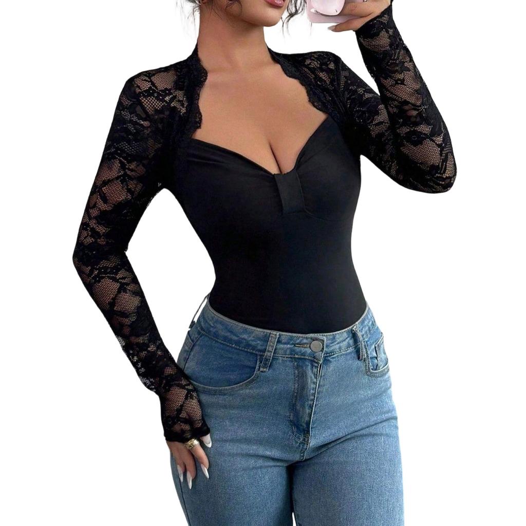 New Fashionable Lace-Trimmed Knit Long-Sleeved Slim Fit T-Shirt Top
