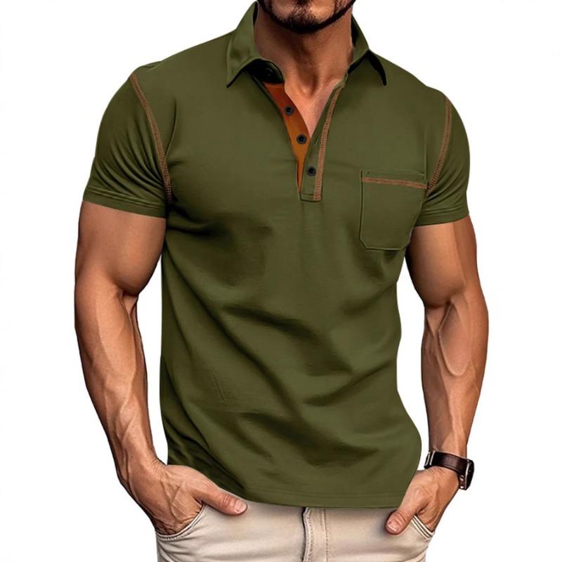 Men s Olive Green Contrast Trim Pocket Short Sleeve Summer Polo Shirt S