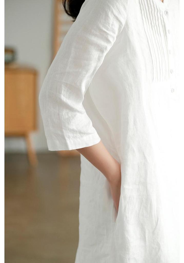 2024 Summer Artistic Loose Patchwork Cotton Linen V-Neck Mid-Length Dress with Five-Point Sleeves