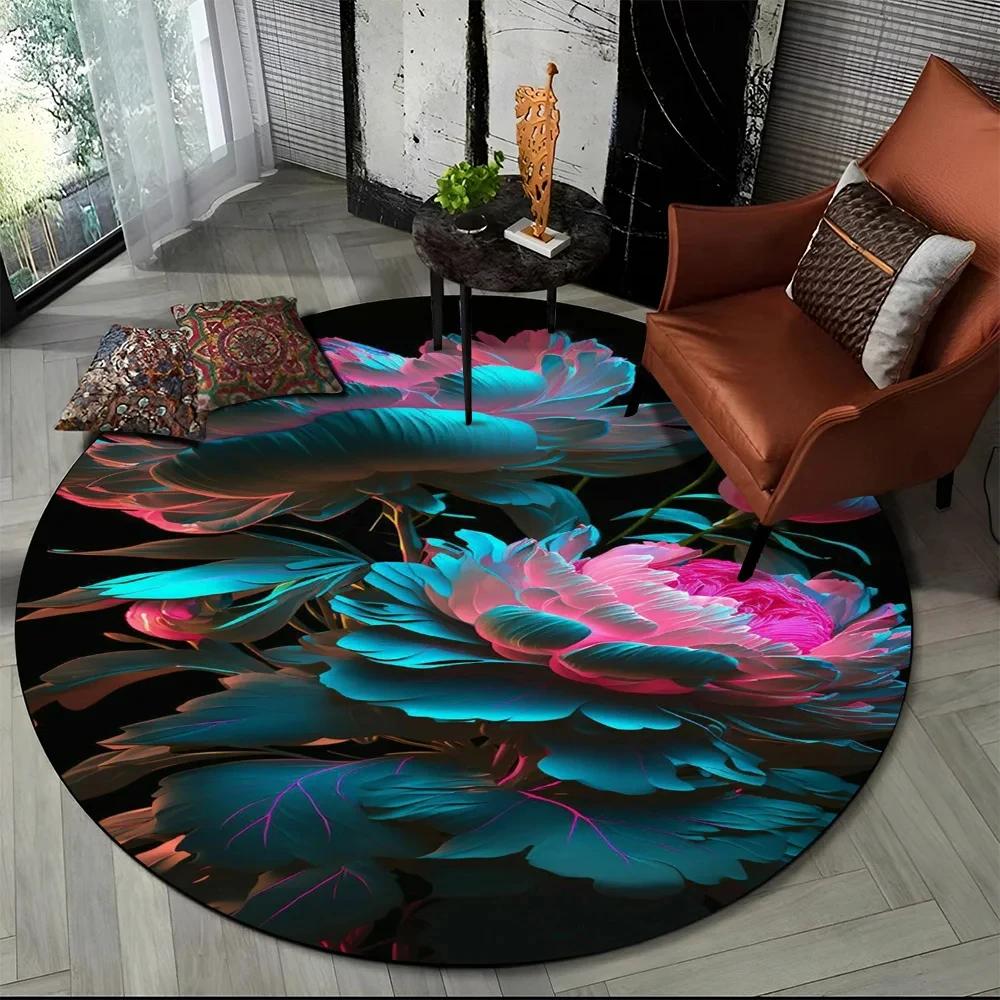3D Luxusný koberec Flower Rose Daisy Nordic Okrúhly koberec do obývačky Spálňa Dekor stoličky do detskej herne, Protišmyková podložka pre domáce zvieratá