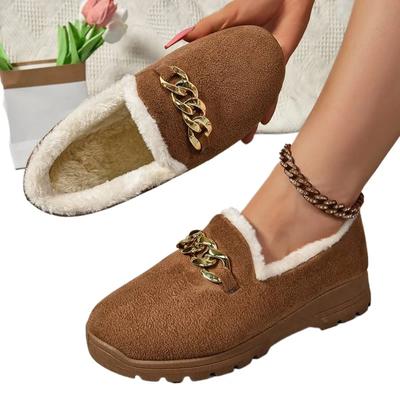 Modische Kettendekor Dicke Plüsch Ballerinas für Damen 2024 Winter Komfort Warme Freizeitschuhe Frau Einfarbig Weiche Sohle Slipper Loafer