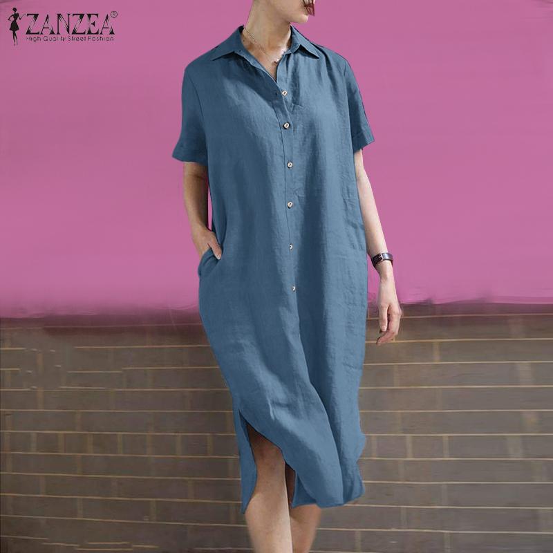 

ZANZEA Летнее повседневное хлопковое женское платье с коротким рукавом с отложным воротником