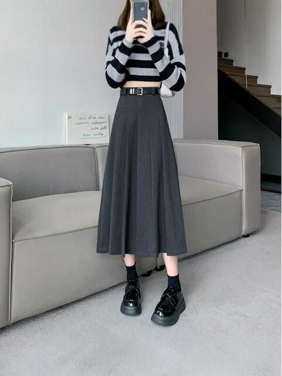 High-Waisted A-Line Pleated Midi Skirt - Elegant, Slimming Autumn Style for Women