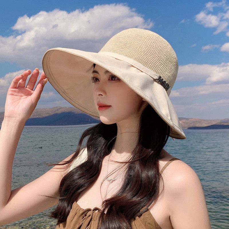 

8250 K-style New Arrival Sun Hat Female Casual Fashion Letters Fisherman Hat Standard Sun Hat Tide Patchwork Big Brim Small Beige
