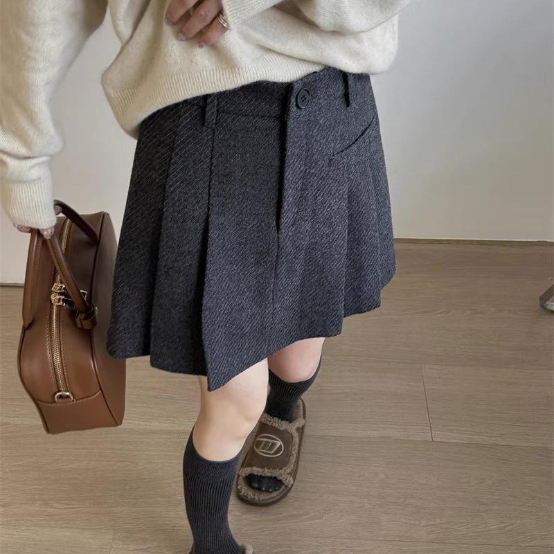 High Waist Pleated A-Line Wool Skirt - Women's Autumn/Winter, Anti-Exposure, Slimming Academy Style Mini Skirt.