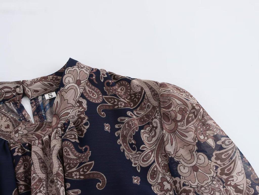 2024 Autumn Women's European & American Style Print Pleated Sleeve Ruffle Dress