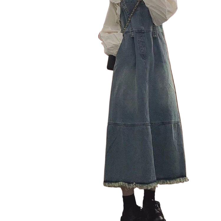 2026 Women's Washed Denim Overall Skirt - Retro Frayed Hem, Mid-Length Summer Style
